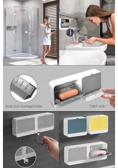 2 Bölmeli Yapışkanlı Duvara Monte Mutfak Banyo Katı Sabunluk Gri