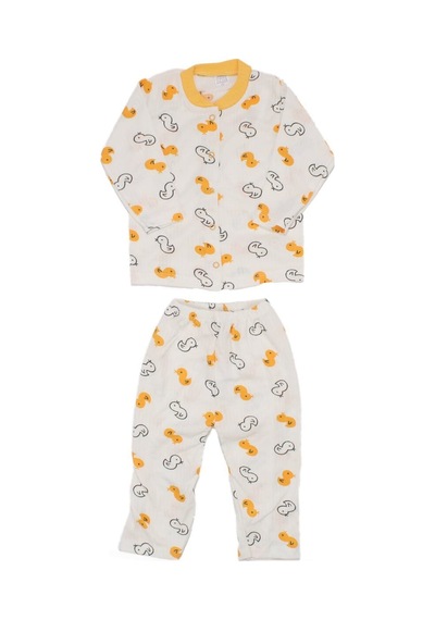 Bebegen Unisex Ekru Sarı Ördekli Çıtçıtlı Pijama Takımı Çok Renkli
