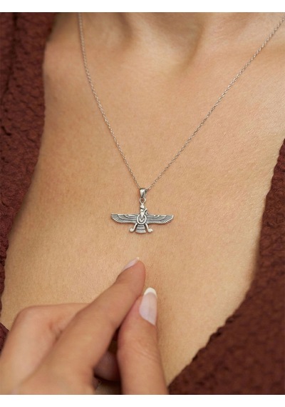 925 Ayar Oksitli Siyah Gümüş Ahura Mazda Unisex Gümüş Kolye Gümüş - Rodyum