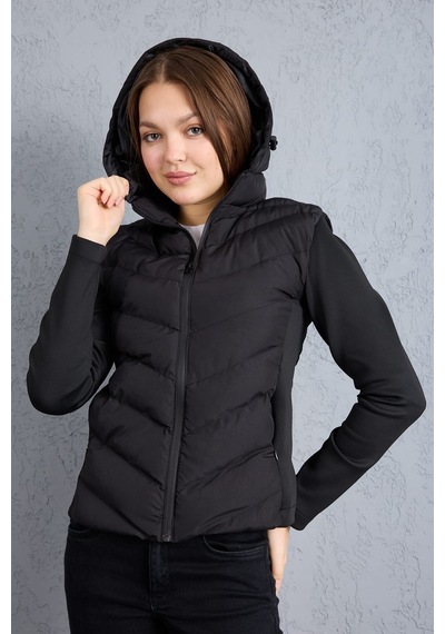 Moda Poni Siyah Kapüşonlu Şişme Mont