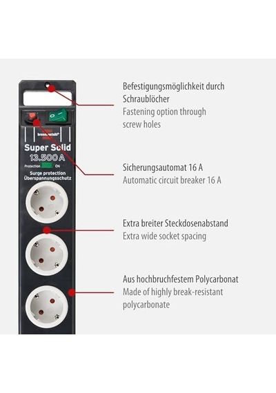 Brennenstuhl Super-solid Surge Protection 13.500 A 5'li Priz, Siyah 0