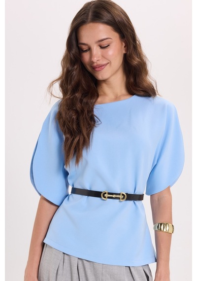 Tudors Kadın Slim Fit Dar Kesim Kol Detaylı İnce Kemerli Fermuarlı Mavi Bluz-51170