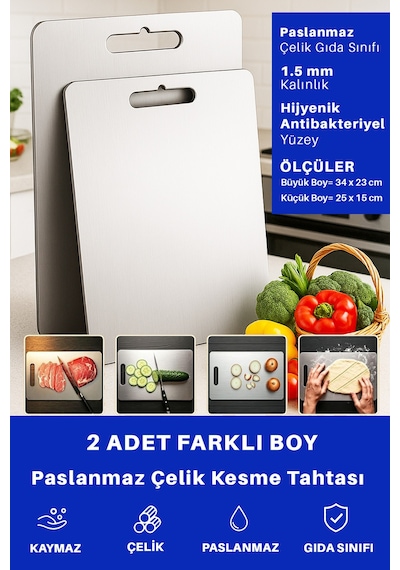 2 Adet Paslanmaz Çelik Mutfak Kesme Tahtası Et Sebze Doğrama Tahtası Gümüş