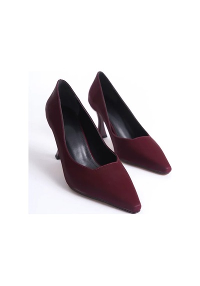 Alfaze Bordo Saten Klasik Şıklık Sivri Burun Stiletto Topuk Boyu 8 Cm