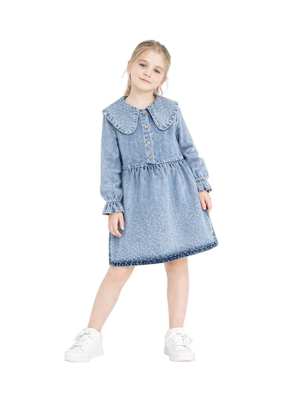 İrem Çocuk Giyim Kız Çocuk Bebe Yakalı Taş Detaylı Yarım Düğmeli Bilekleri Lastikli Midi Boy Mavi Renk Kot Elbise Mavi İrem Çocuk Giyim Kız Çocuk Bebe Yakalı Taş Detaylı Yarım Düğmeli Bilekleri Lastikli Midi Boy Mavi Renk Kot Elbise Mavi