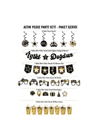 Siyah Gold Yıldız Temalı Doğum Günü Parti Seti İyi Ki Doğdun Banner, Tavan Süsü, Pasta Süsü, Gözlük Ve Mısır Kutusu Altın
