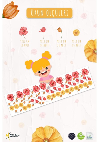 Sarı Ve Pembe Tonlarda Renkli Çiçeklerden Oluşan Sticker Seti 48 Parça Özel Kesimli Mat Sticker Dijital Baskı