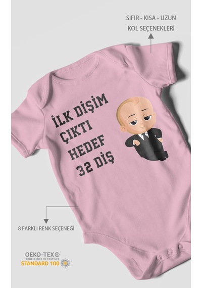 Morivokids İlk Dişim Çıktı Hedef 32 Diş Kısa Kollu Bebek Body Koyu Pembe