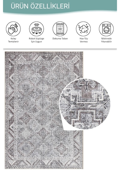 Stonart Eskitme Vintage Desenli Gri Otantik Yıkanabilir Şönil Halı Al 445 gri