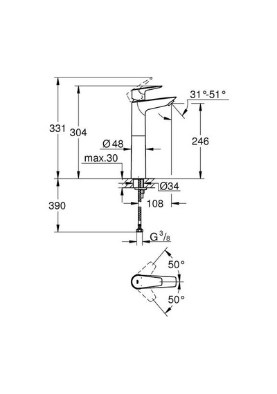 Grohe Bauedge Tek Kumandalı Lavabo Bataryası XL-Boyut 23761001
