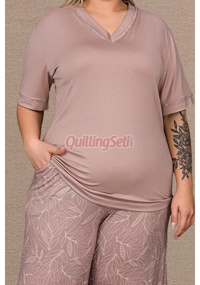 Lady Pudra Renk Çiçek Desenli 11067 Kısa Kol Kadın Büyük Beden Anne Pijama Takımı