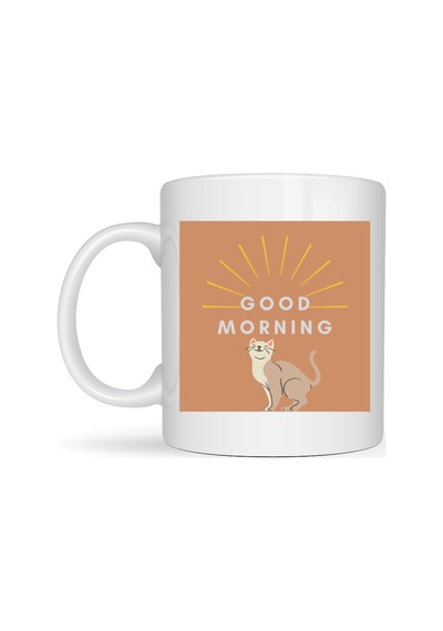Good Morning Kedi Desenli Porselen Kupa Model 72 Sevimli Kedi Figürlü, Kahve & Çay Kupası, Hediyelik Porselen Bardak