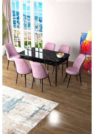 Canisa Concept Zen Serisi 80x132 Mdf Açılabilir Siyah Mermer Desen Masa Takımı Ve 6 Pembe Sandalye Masa Siyah Sandalyeler Pembe Canisa Concept Zen Serisi 80x132 Mdf Açılabilir Siyah Mermer Desen Masa Takımı Ve 6 Pembe Sandalye Masa Siyah Sandalyeler Pembe