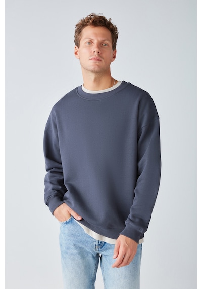 Grimelange Stephan Erkek Yumuşacık Kumaşlı Organik Pamuklu Oversize Fit Yuvarlak Yakalı Antrasit Sweatshirt