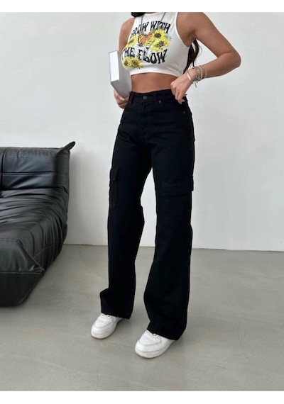 Lavajeans Siyah Solmaz Altı Cep Kargo Pantolon Yüksek Bel Wide Leg Siyah Bej