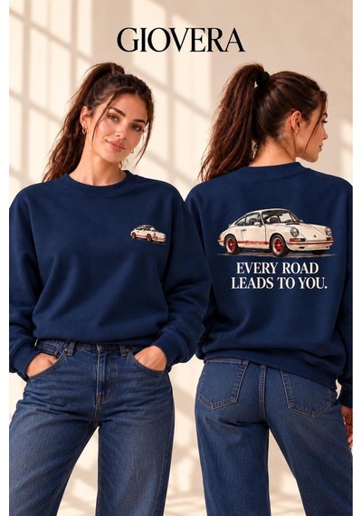 Gıovera Premium Kadın Oversize Sweatshirt %100 Pamuk 3 İplik Şardonlu Klasik Araba Ve Slogan Baskılı Bisiklet Yaka Lacivert