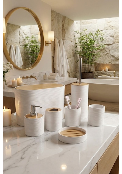 Makri Home 6 Parça Beyaz Banyo Seti, Bambu Detaylı, 8l Çöp Kovası 24x26x16 Cm