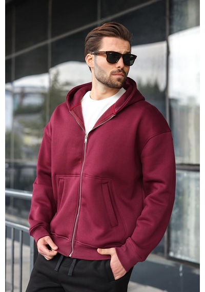 Madmext Bordo Fermuarlı Kapüşonlu Erkek Hırka E7174 Bordo