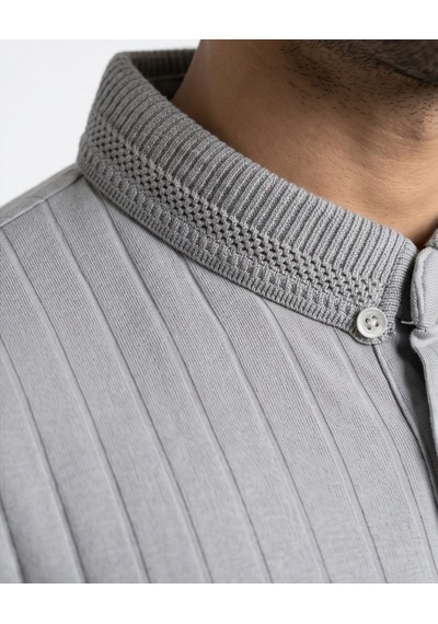 Özeniş Erkek Polo Yaka Slim Fit Çizgili Desen Kaşkorse T-shirt Gri