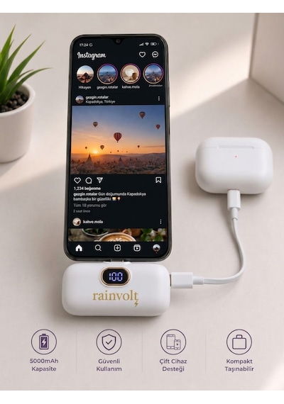 Rainvolt Mini Kapsül Powerbank Led Dijital Göstergeli & Dahili Kablolu Taşınabilir Şarj Cihazı Beyaz