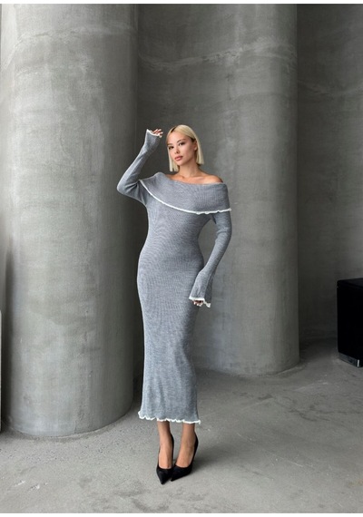 Trend Paris Madonna Yaka Kadın Triko Midi Elbise Gri Standart