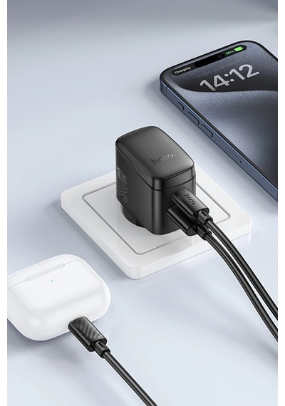 Hoco. Cs61a Bright 30w 1 Adet Type-c Ve 1 Adet Usb 3.0 Qc Çıkışlı Ekstra Type-c To Type-c Kablolu Pd Hızlı Şarj Aleti - Siyah