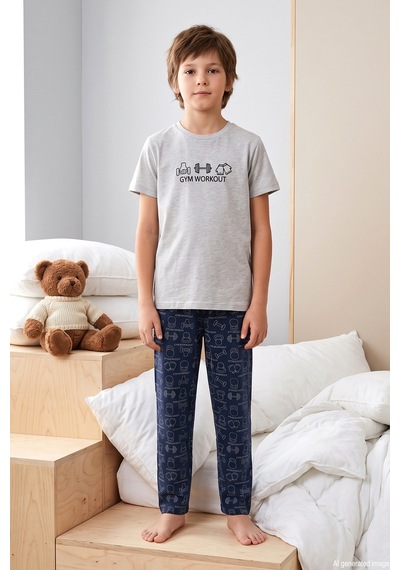 Aydoğan Desenli Erkek Çocuk Süprem Pamuklu Pijama Takımı 260378 Gri