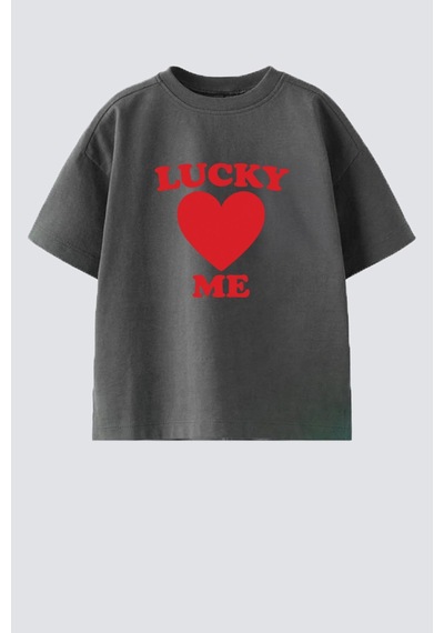 Monila Kız Çocuk Pamuklu Bisiklet Yaka Kalp Baskılı T-shirt Antrasit