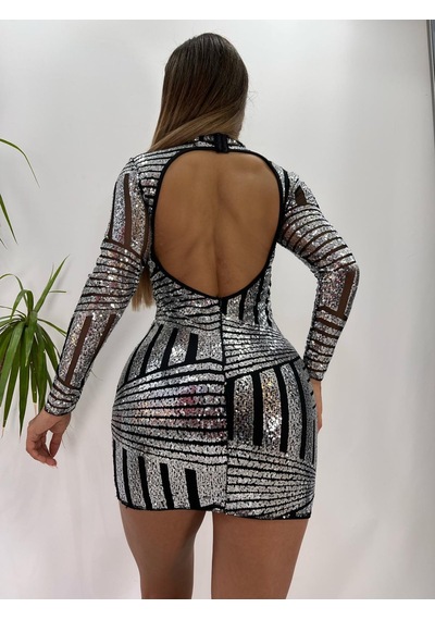 Pink Life Gümüş Payet Kumaş Sırt Dekolte Detaylı Mini Elbise-Siyah-Gümüş Siyah