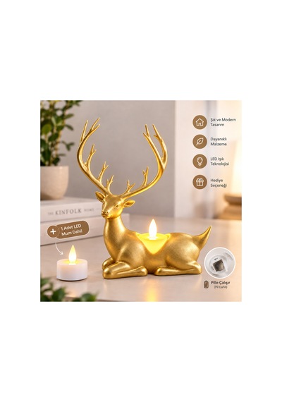 Geyik Biblo Mumluk Led Tealight Mumlu Dekoratif Masa Ve Ev Süsü, 18 Cm - Gold Açık