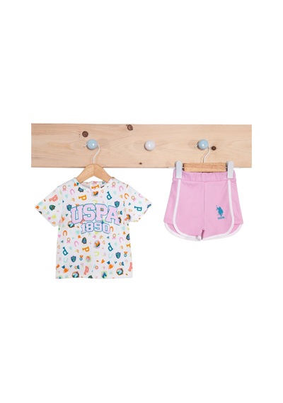 U.S. Polo Assn. Krem Pembe Kız Bebek Biyeli Şort Takım Krem