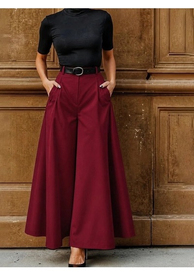 DefyModa Kadın Yüksek Bel Kemerli Double Kumaş Palazzo Pantolon Bordo