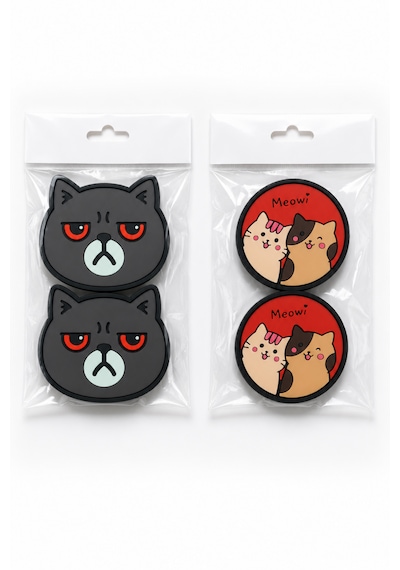 Kemboss Gri Kedi Ve Meowi Kedi Bardak Altlığı Seti 4'lü - Pvc Kaydırmaz Bardak Altlığı 2 Gri Kedi + 2 Meowi Kedi Çok Renkli