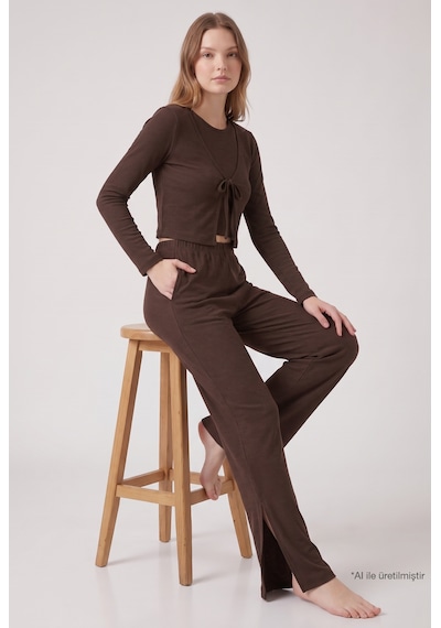 Cottonill Premium - Serene Collection Kahverengi Rib Dokulu Önden Bağlamalı Viskon 3'lü Kadın Pijama Takımı