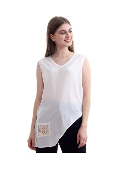 Self Clothing Kadın Beyaz V Yaka Cep Ve Yırtmaç Detaylı Bluz Slf1246-Beyaz