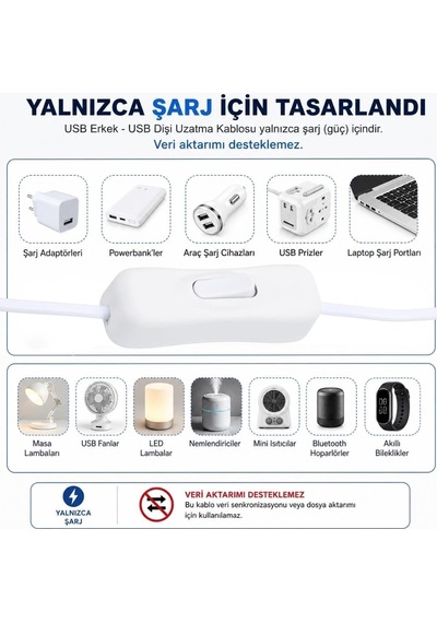 9660 Usb Power Data Kablo Açma Kapama Düğmeli Dişi Erkek Güç Ara Uzatma Kablosu 2 Metre