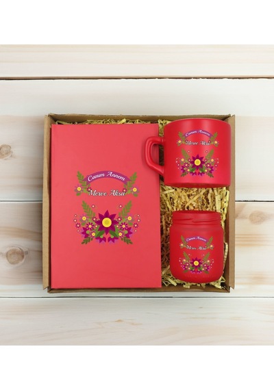 Bk Gift Kişiye Özel İsimli Dtf Anne Temalı Kırmızı Defter & Kahve Fincanı & Mum Hediye Seti-6, Anneye Hediye, Anneler Günü Hediyesi Kobitmeyencom30776