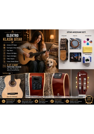 Qcg2303n Elektro Klasik Gitar 39 4 Bant Ekolayzırlı, Gül Ağacı Klavye Full Set: Askı, Tel, Pena, Capo, Tuner, Temizleme Bezi Hediye Natürel