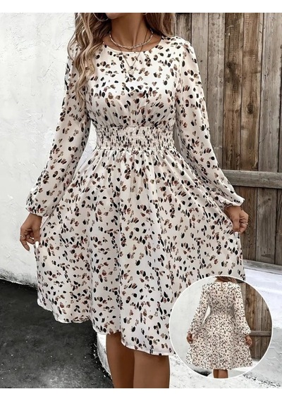 Veraura Lifestyle Kadın Uzun Kollu Bot Yaka Beli Lastikli Midi Süprem Elbise Bej