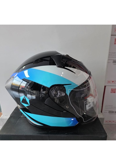 Çenesiz Kask Jk528-1 Mge Vizörlü Parlak Siyah Mavi L Siyah - Beyaz - Mavi