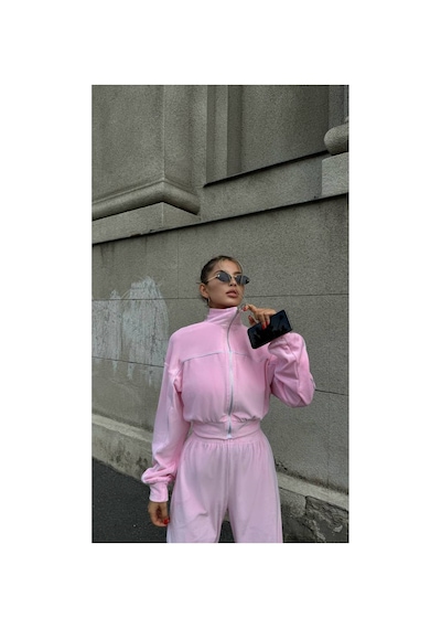 Mayrem Kadın Biyeli Oversize Kadife Eşofman Takım Pembe