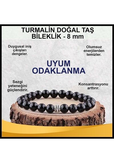 Gümüştel El Sanatları Sertifikalı Siyah Turmalin Doğal Taş Bileklik 8 Mm Siyah