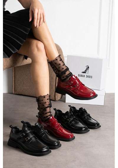 Dabab Shoes Elvan Kadın Bordo Rugan Küt Burun Çift Toka Detaylı Kalın Taban Loafer Ayakkabı