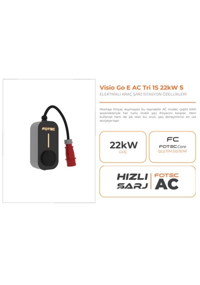 Fotec Visio Go-e 22kw Taşınabilir Elektrikli Araç Şarj İstasyonu - Monofaze Dönüştürücü Adaptörlü, Type 2, Trifaze, Yerli Üretim Hızlı Şarj Cihazı 22 kw