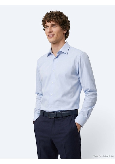 Kip Mavi Düz Regular Fit Uzun Casual Gömlek