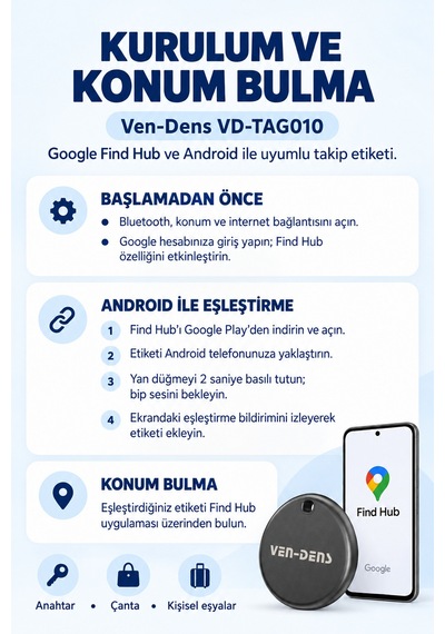 Ven-dens Vd-tag010 Bluetooth Eşya Takip Cihazı, Find Hub Ve Android Uyumlu, Anahtar, Siyah