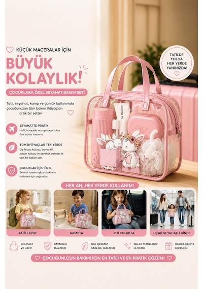 Porsima 3143 Tavşan Figürlü Seyahat Seti - Diş Fırçası Kutusu Banyo Lifi Sabun Kutusu Seyahat Çantası Pembe
