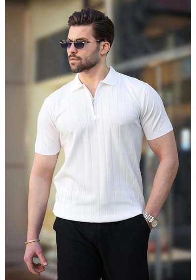 Rıbana Classıc Polo Yaka Çizgili Fermuarlı Erkek T-shirt Beyaz