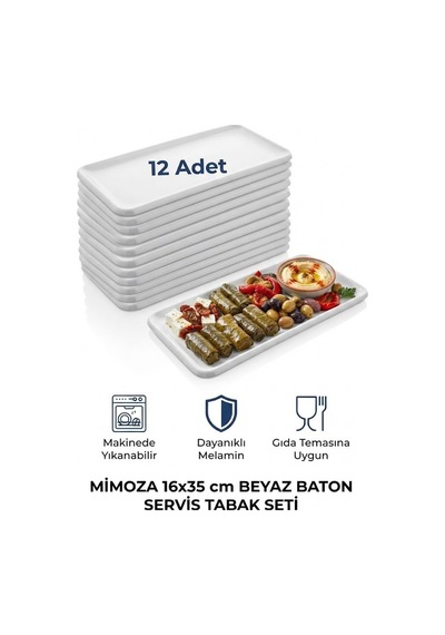 12 Adet 16x35 Cm Melamin Baton Servis Sunum Tabağı Makinede Yıkanabilir Dikdörtgen Mimoza Beyaz