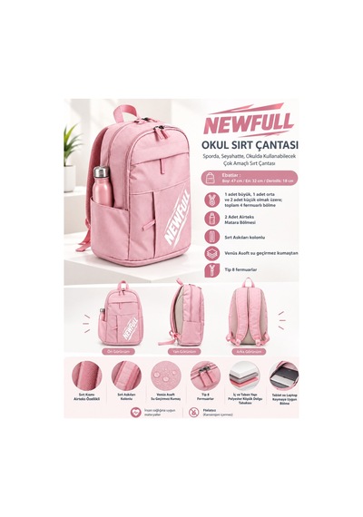 Newfull Okul Sırt Çantası Pembe